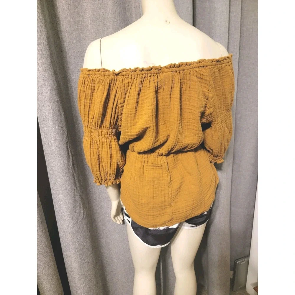 Puff Sleeve Caramel Brown Shirred Cotton Babydoll‎ Blouse SZ M Milkmaid Old Navy